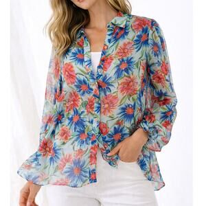 Milly Sheer Floral Lightweight Button Front Blouse Large